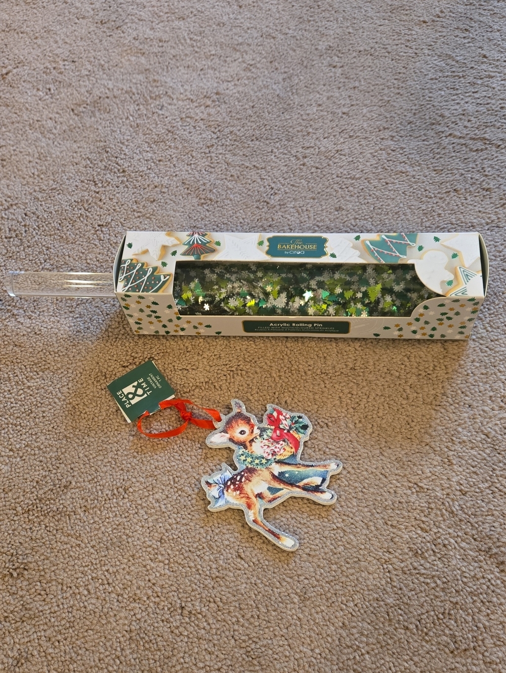 Green Acrylic Rolling Pin with Holiday Deer Decoration -